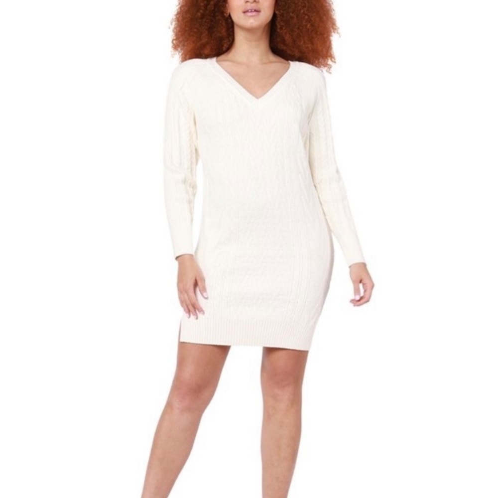 Black Tape v neck short sweater‎ dress size 1X white long sleeves solid ribbed